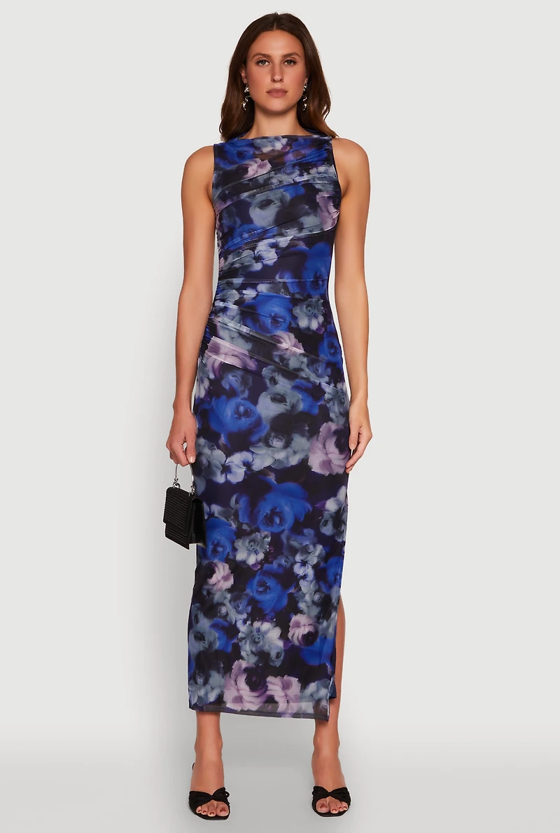 Womens Haute Monde Side Ruched Floral Mesh Dress, Blue, Size S