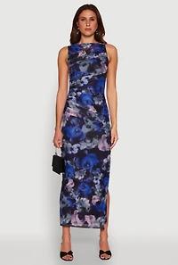 Womens Haute Monde Side Ruched Floral Mesh Dress, Blue, Size S