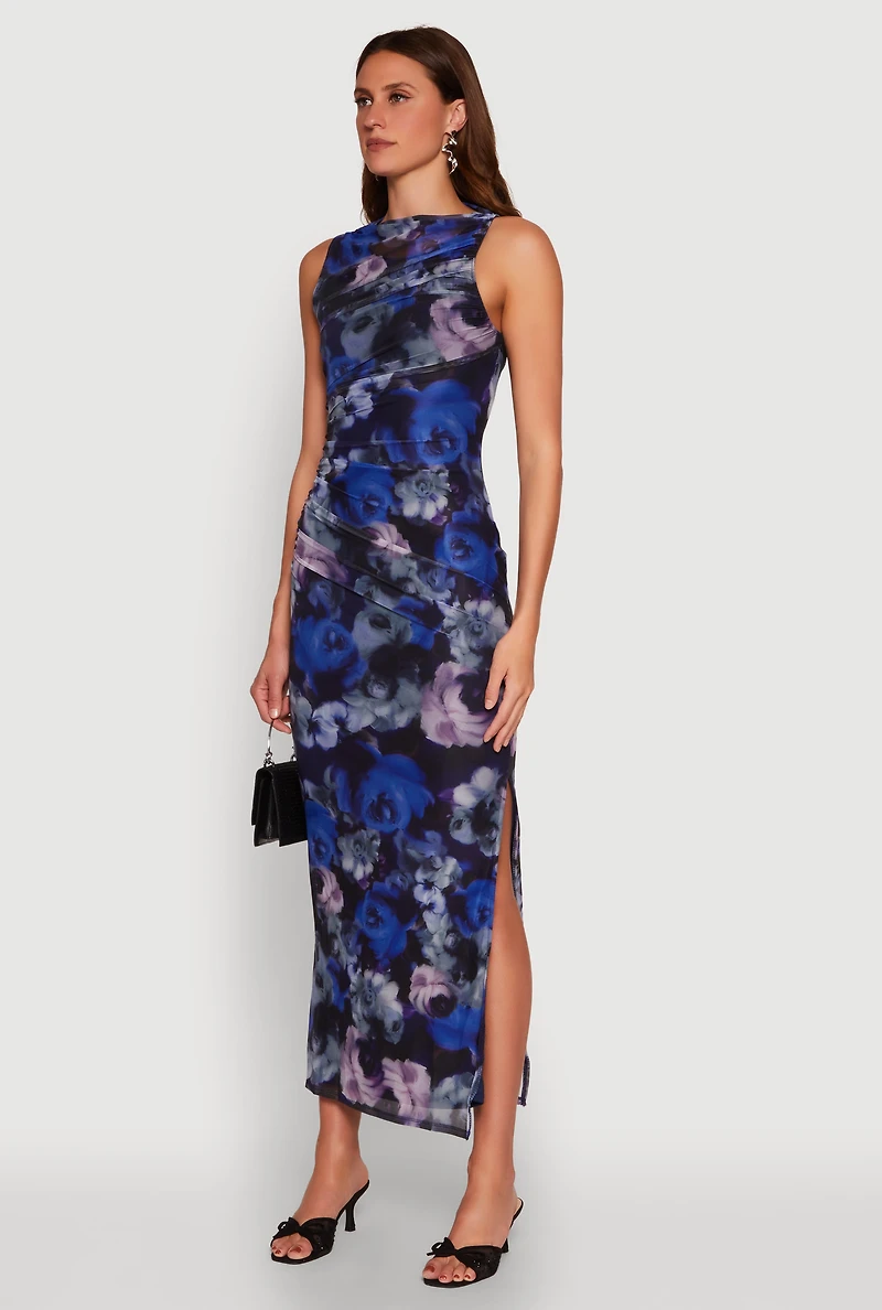 Womens Haute Monde Side Ruched Floral Mesh Dress, Blue, Size S