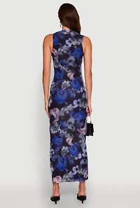 Womens Haute Monde Side Ruched Floral Mesh Dress, Blue, Size S