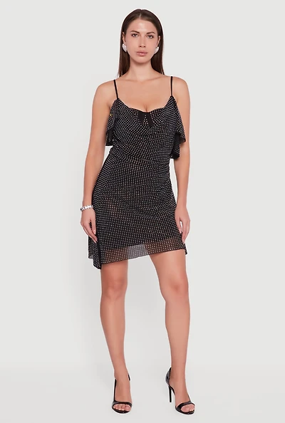 Womens Rhinestone Mesh Padded Cup Cowl Neck Bustier Dress, Black, Size S