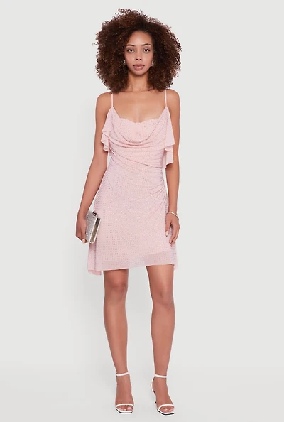 Womens Rhinestone Mesh Padded Cup Cowl Neck Bustier Dress, Pink, Size L