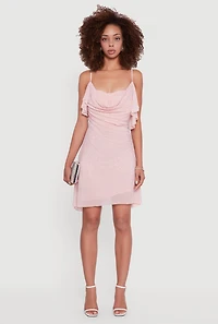 Womens Rhinestone Mesh Padded Cup Cowl Neck Bustier Dress,