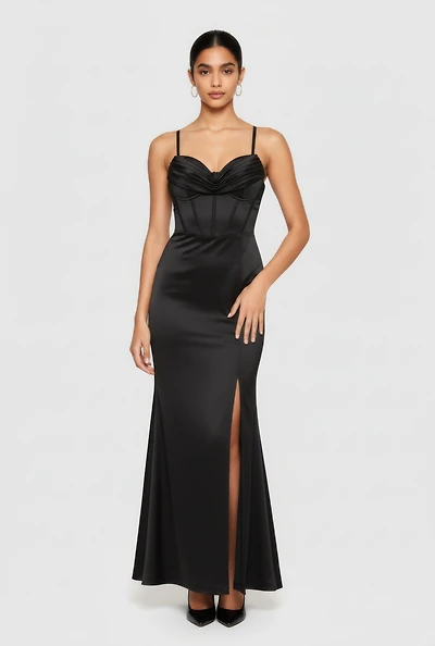 Pleated Sweetheart Cowl Neck Bustier Maxi Dress