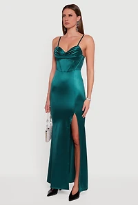 Pleated Sweetheart Cowl Neck Bustier Maxi Dress