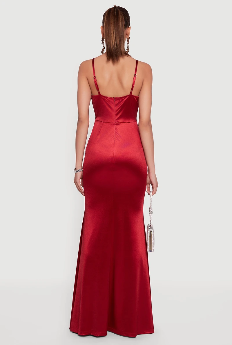 Womens Pleated Sweetheart Cowl Neck Bustier Maxi Dress, Burgundy, Size M