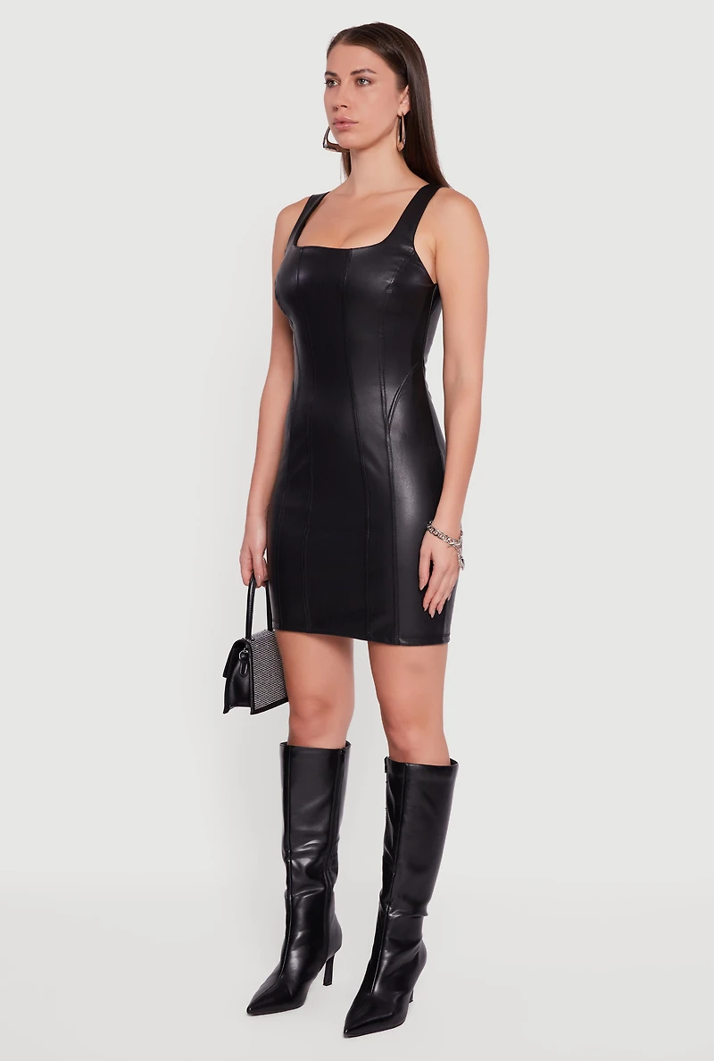 Faux Leather Square Neck Corset Tank Dress