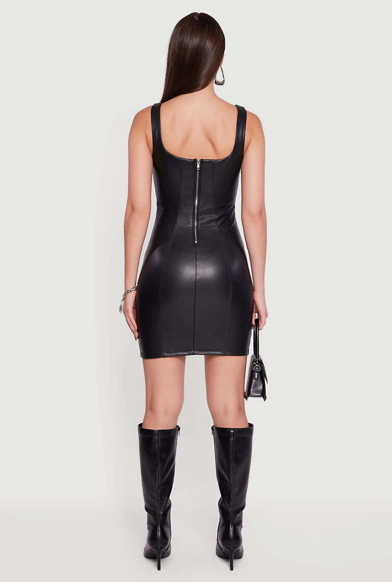 Faux Leather Square Neck Corset Tank Dress