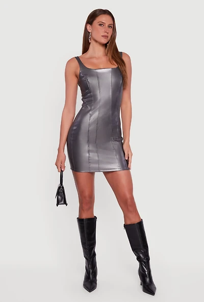 Faux Leather Square Neck Corset Tank Dress