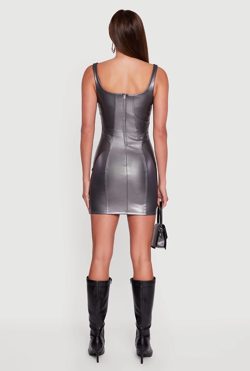 Faux Leather Square Neck Corset Tank Dress