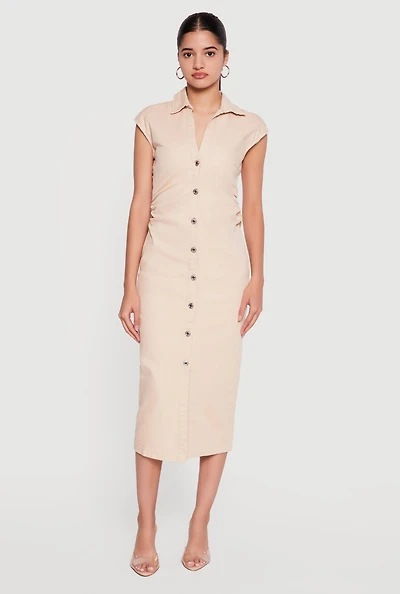 Cap Sleeve Button Front Denim Dress with Ruched Detail