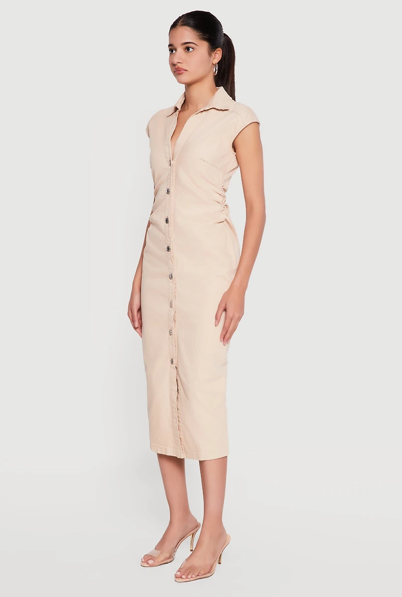 Cap Sleeve Button Front Denim Dress with Ruched Detail
