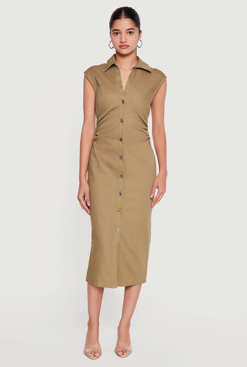 Cap Sleeve Button Front Denim Dress with Ruched Detail