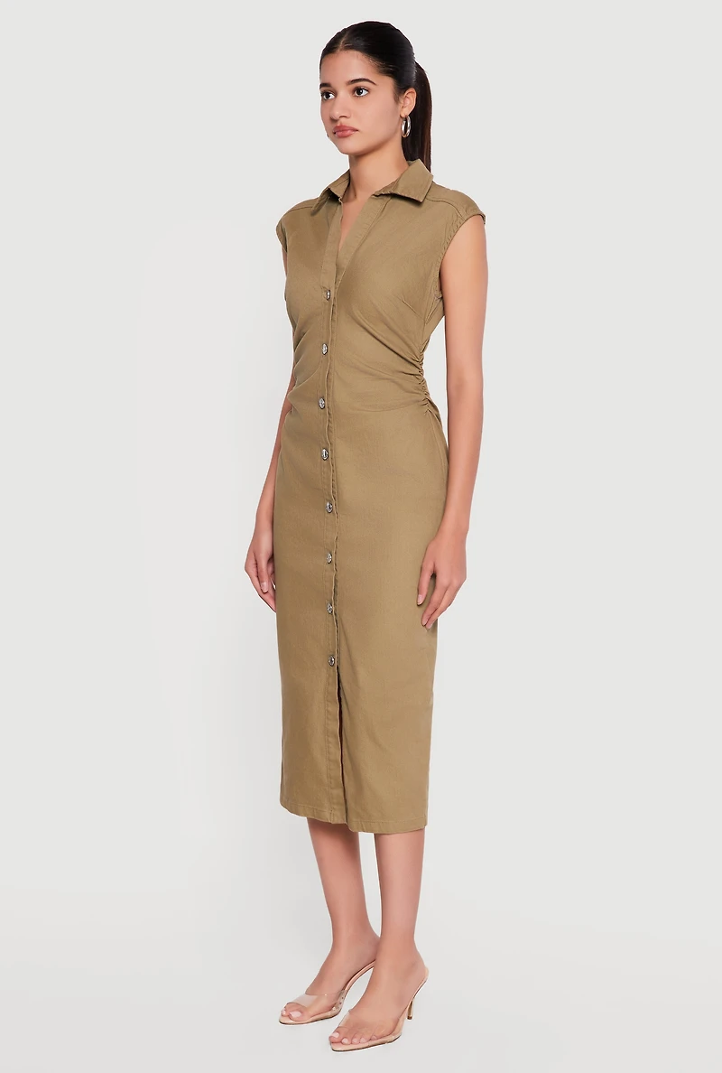 Cap Sleeve Button Front Denim Dress with Ruched Detail