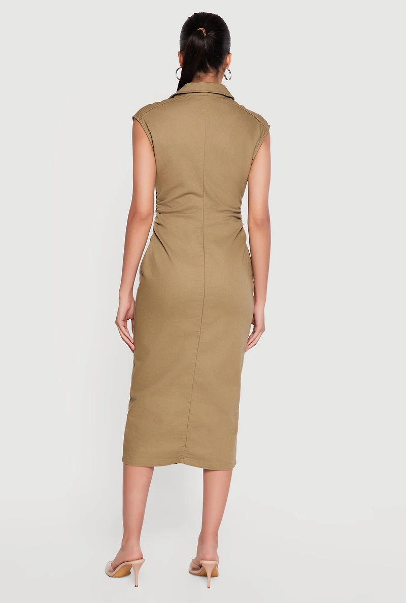 Cap Sleeve Button Front Denim Dress with Ruched Detail