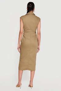 Cap Sleeve Button Front Denim Dress with Ruched Detail