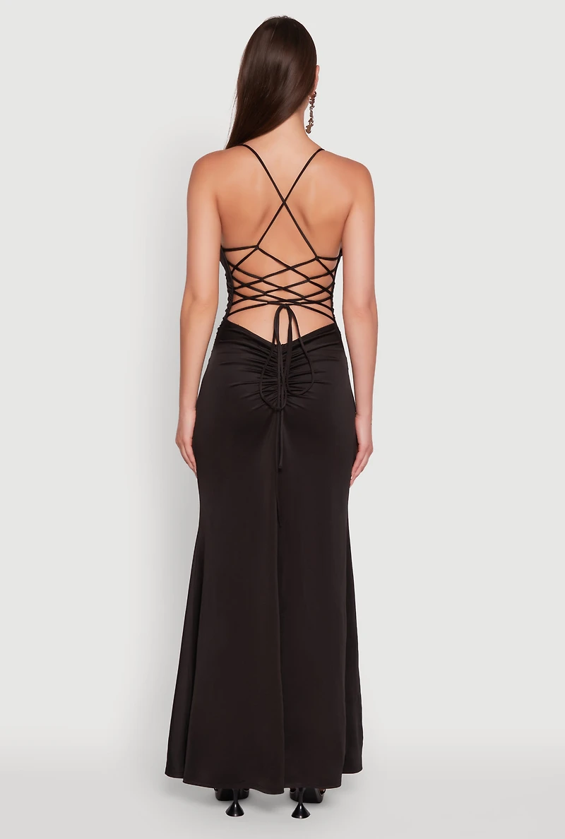 Womens Haute Monde Side Slit Lace Up Back Maxi Dress, Black, Size S