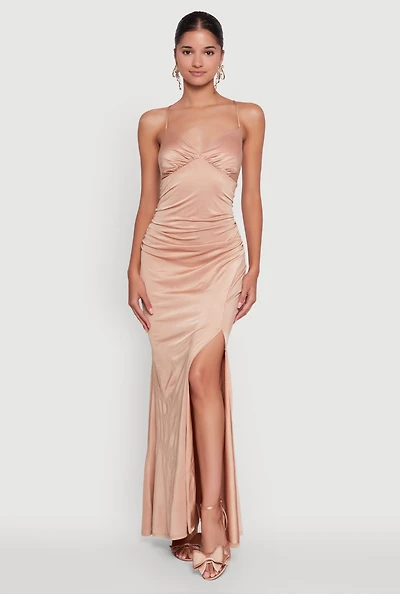 Womens Haute Monde Side Slit Lace Up Back Maxi Dress, Beige, Size M