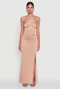 Womens Haute Monde Side Slit Lace Up Back Maxi Dress, Beige, Size M