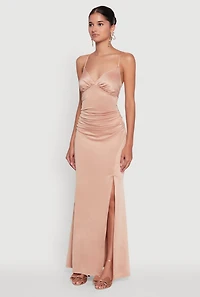 Womens Haute Monde Side Slit Lace Up Back Maxi Dress, Beige, Size M