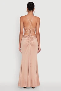 Womens Haute Monde Side Slit Lace Up Back Maxi Dress, Beige, Size M