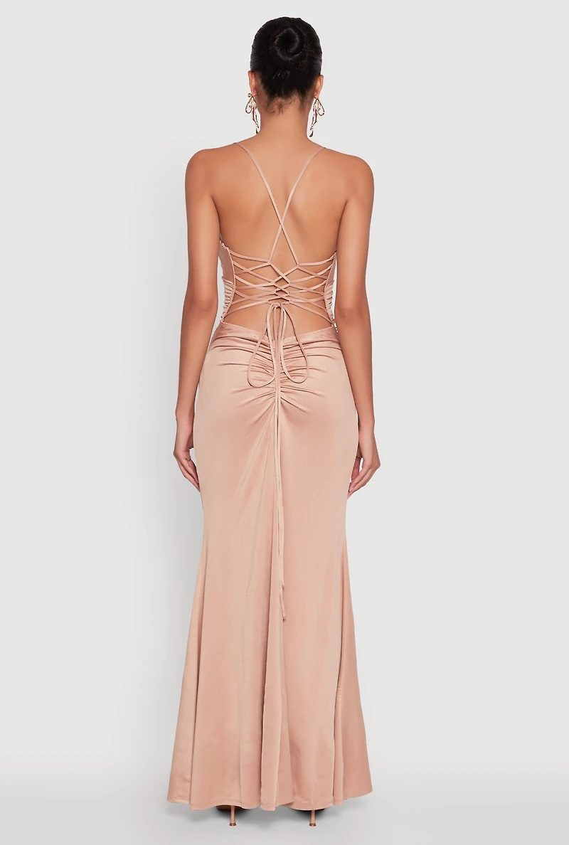 Haute Monde Side Slit Lace Up Back Maxi Dress