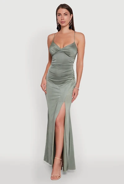 Womens Haute Monde Side Slit Lace Up Back Maxi Dress, Green, Size S