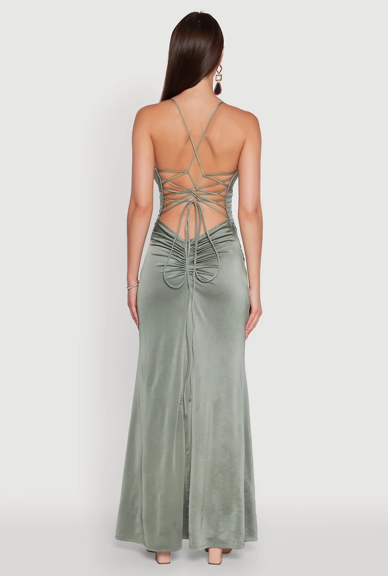 Womens Haute Monde Side Slit Lace Up Back Maxi Dress, Green, Size M