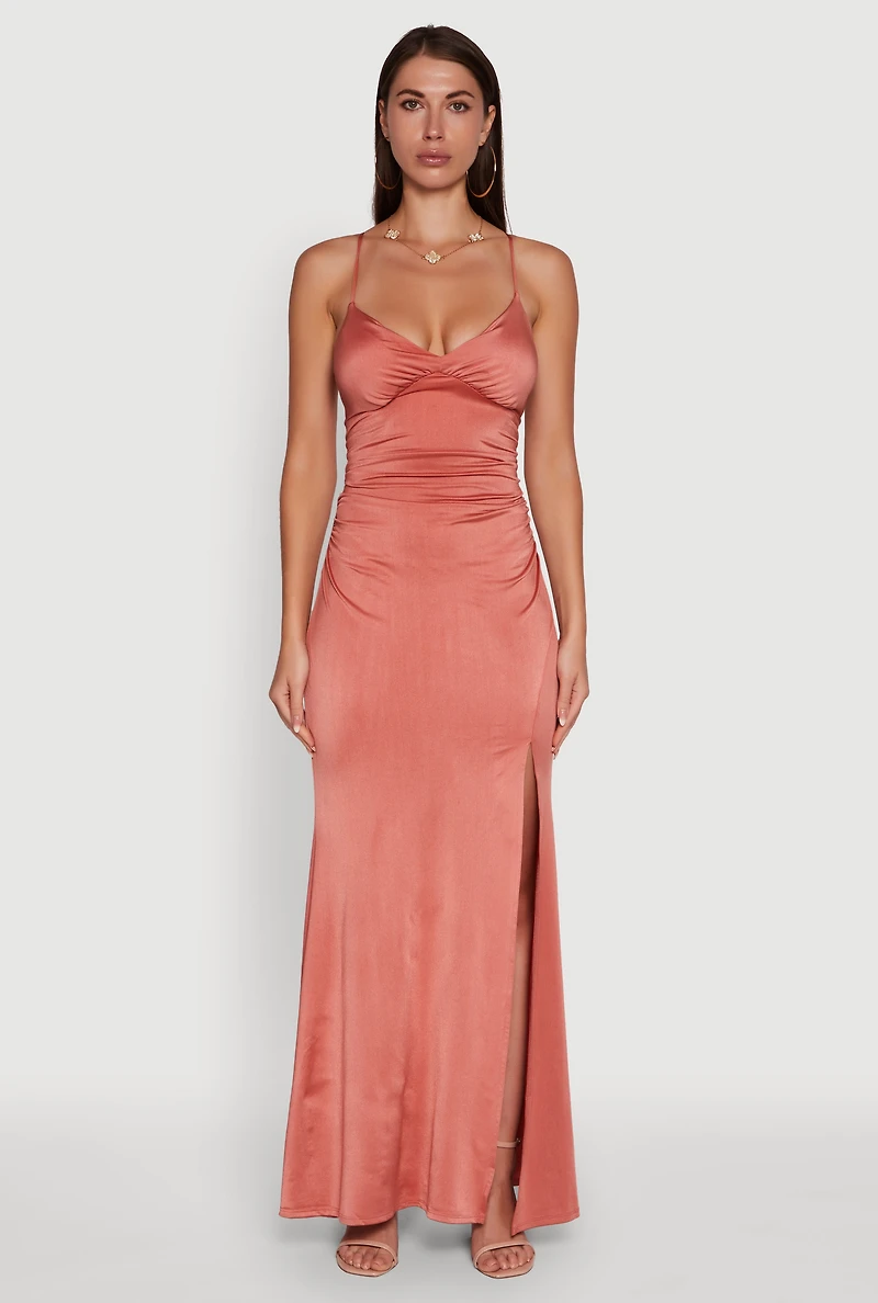 Womens Haute Monde Side Slit Lace Up Back Maxi Dress, Pink, Size M