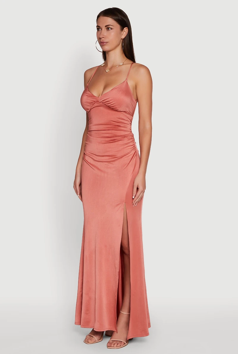 Womens Haute Monde Side Slit Lace Up Back Maxi Dress, Pink, Size M