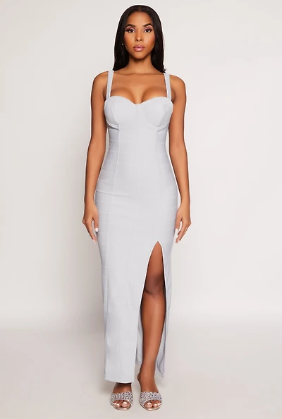 Womens Haute Monde Side Slit Bustier Maxi Dress, Grey, Size S