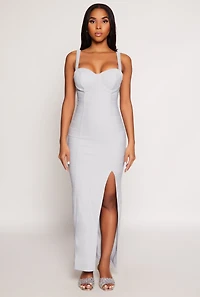 Womens Haute Monde Side Slit Bustier Maxi Dress, Grey, Size S