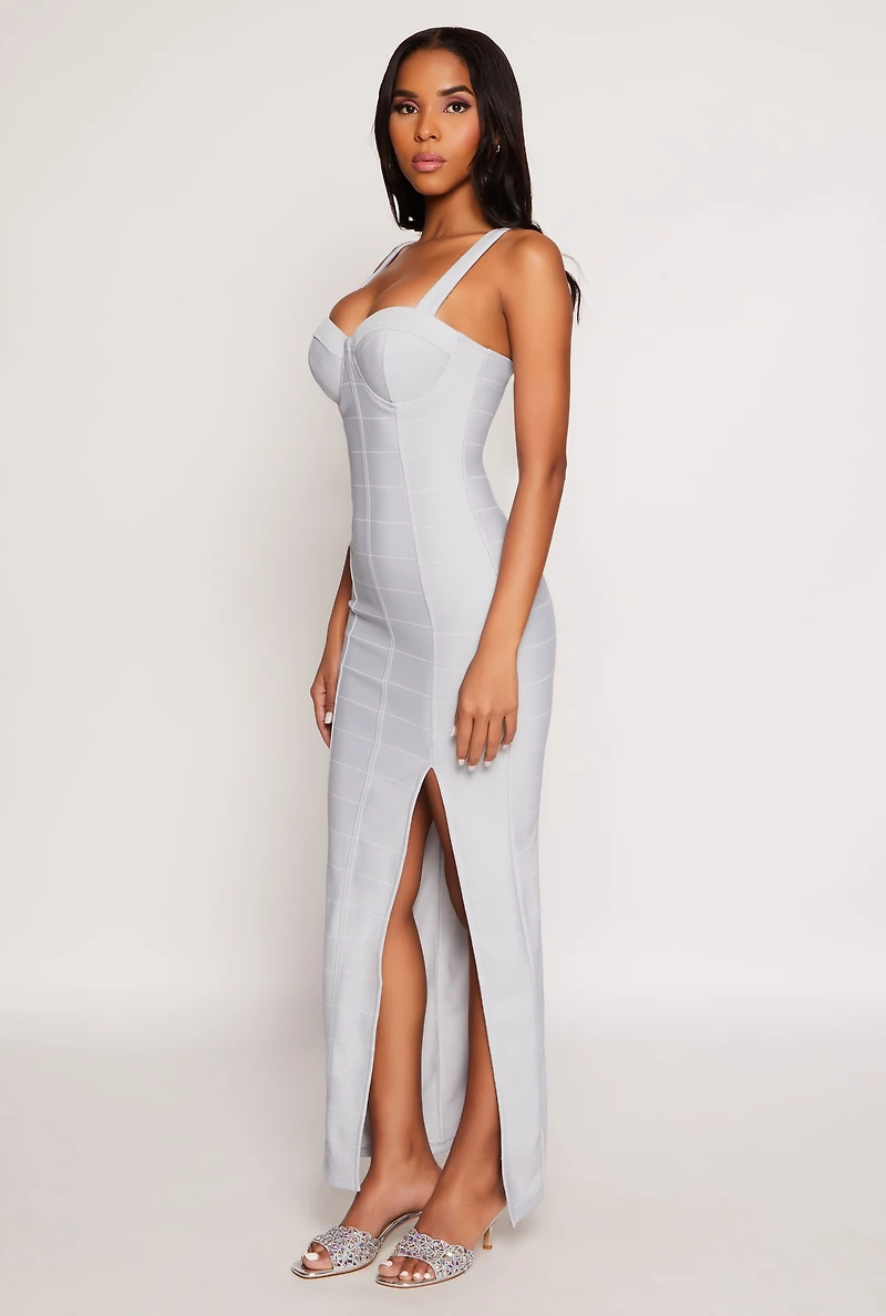 Womens Haute Monde Side Slit Bustier Maxi Dress, Grey, Size S