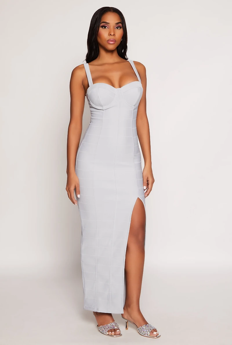Womens Haute Monde Side Slit Bustier Maxi Dress, Grey, Size S