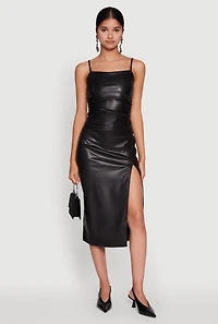 Womens Faux Leather Square Neck Side Slit Midi Dress, Black, Size S