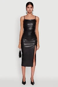 Womens Faux Leather Square Neck Side Slit Midi Dress, Black, Size S