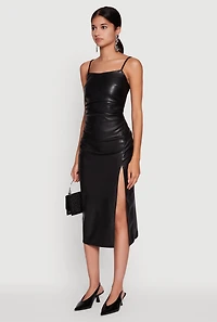 Womens Faux Leather Square Neck Side Slit Midi Dress, Black, Size S