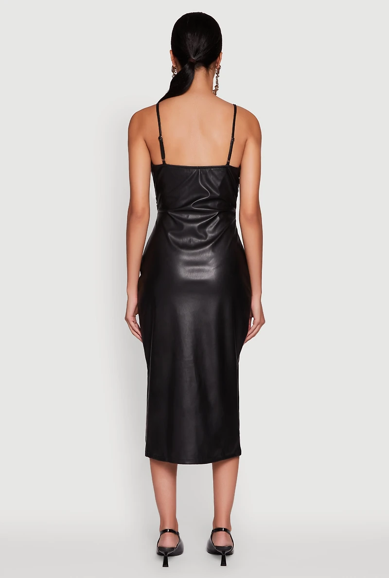 Womens Faux Leather Square Neck Side Slit Midi Dress, Black, Size S