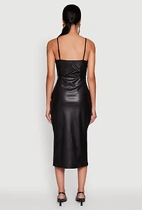 Womens Faux Leather Square Neck Side Slit Midi Dress, Black, Size M