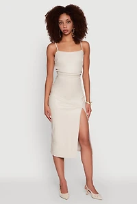 Womens Faux Leather Square Neck Side Slit Midi Dress, Beige, Size S