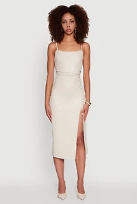 Womens Faux Leather Square Neck Side Slit Midi Dress, Beige, Size S