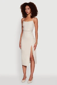 Womens Faux Leather Square Neck Side Slit Midi Dress, Beige, Size S