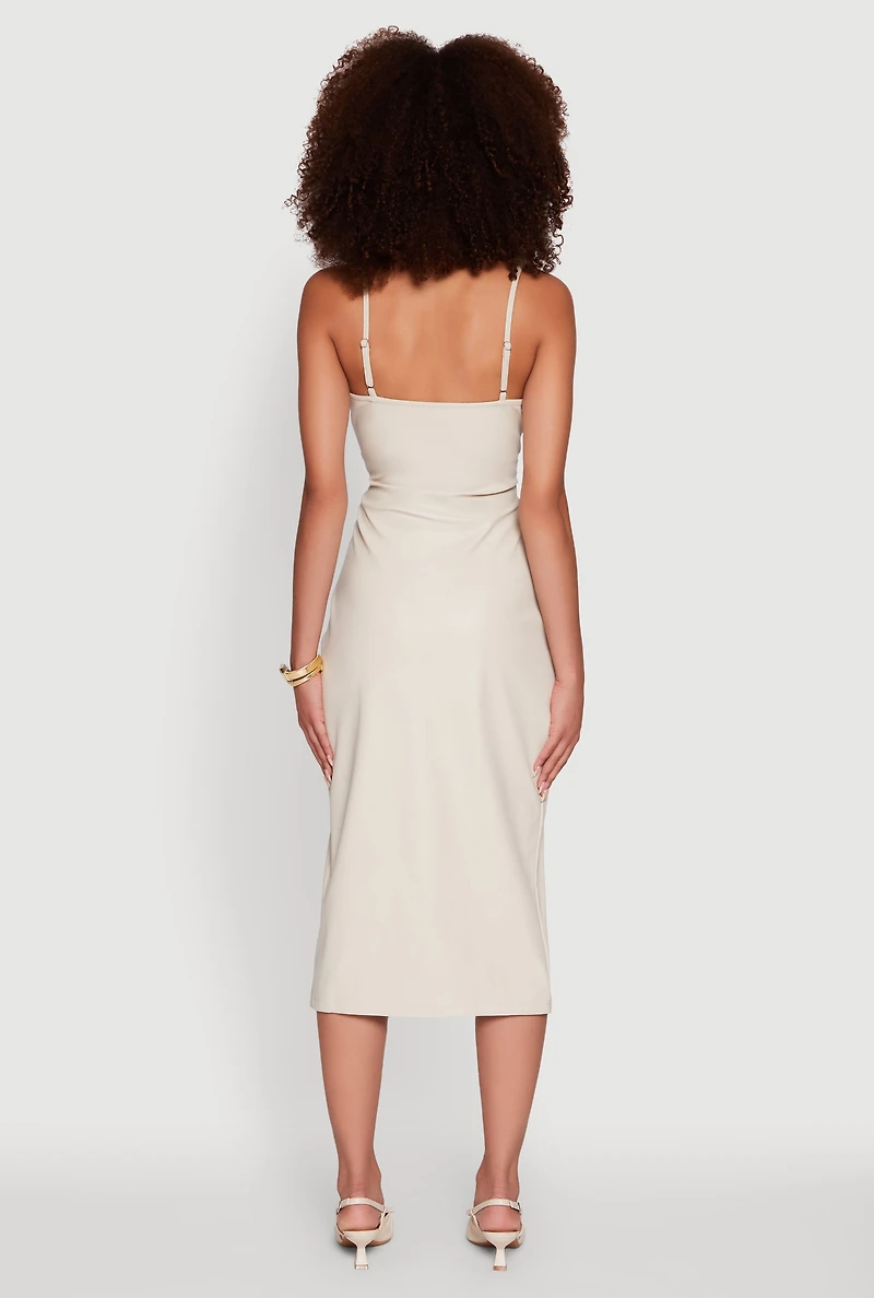 Womens Faux Leather Square Neck Side Slit Midi Dress, Beige, Size S