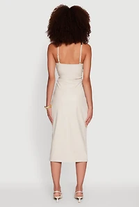 Womens Faux Leather Square Neck Side Slit Midi Dress, Beige, Size S