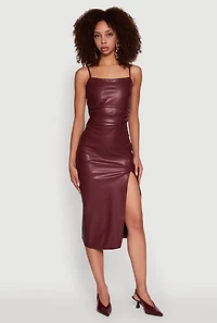 Womens Faux Leather Square Neck Side Slit Midi Dress, Burgundy, Size S