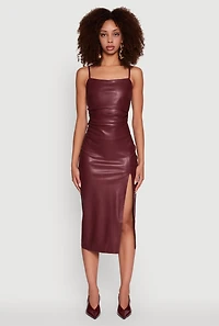 Womens Faux Leather Square Neck Side Slit Midi Dress, Burgundy, Size S