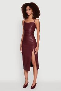 Womens Faux Leather Square Neck Side Slit Midi Dress, Burgundy, Size S
