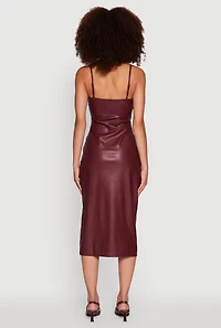 Womens Faux Leather Square Neck Side Slit Midi Dress, Burgundy, Size S