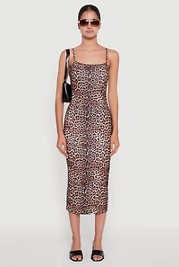 Womens Trendy Square Neck Leopard Print Cami Dress, Brown, Size S