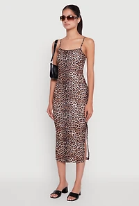 Womens Trendy Square Neck Leopard Print Cami Dress, Brown, Size S